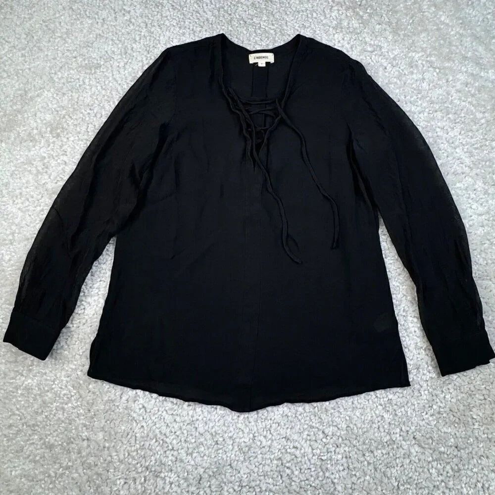 L'Agence Ynez Silk Front Lace Up Blouse Black - Picture 2 of 15